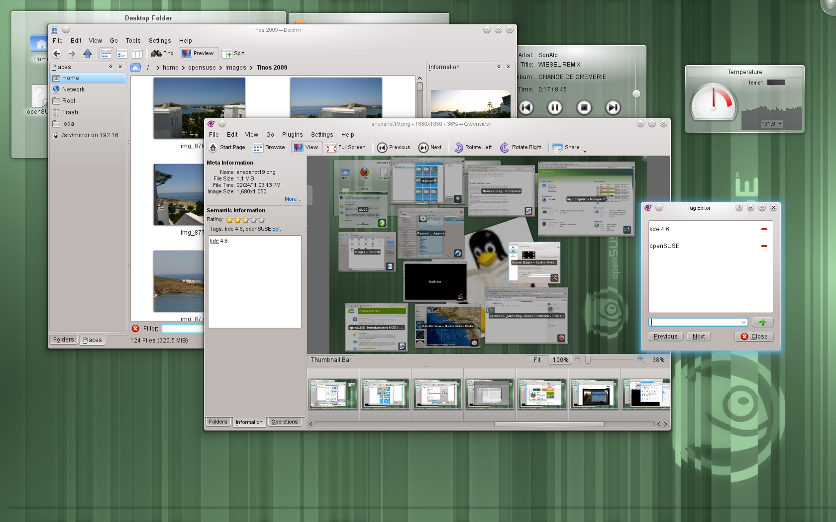 openSUSE KDE desktop with Dolphin and Gwenview