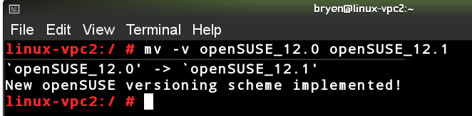 screenshot of terminal declaring openSUSE versioning scheme is now implemented!